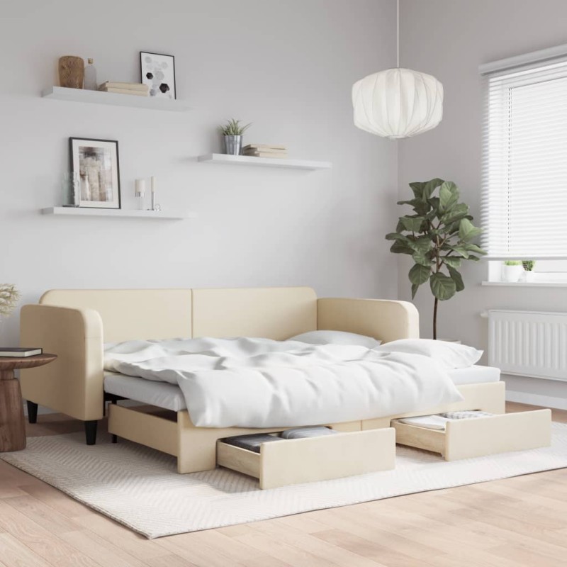 vidaXL Tagesbett Ausziehbar mit Schubladen Creme 90x200 cm Stoff vidaXL Tagesbett Ausziehbar mit Schubladen Creme 90x200 cm Stoff