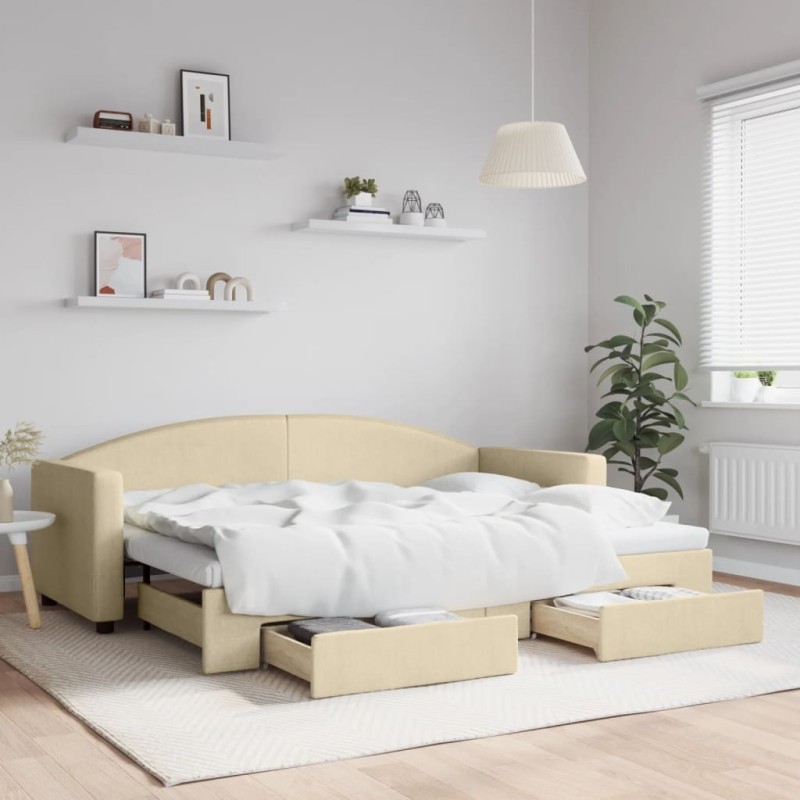 vidaXL Tagesbett Ausziehbar mit Schubladen Creme 80x200 cm Stoff vidaXL Tagesbett Ausziehbar mit Schubladen Creme 80x200 cm Stoff
