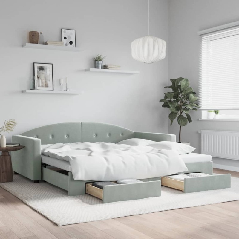 vidaXL Tagesbett Ausziehbar mit Schubladen Hellgrau 100x200 cm Samt vidaXL Tagesbett Ausziehbar mit Schubladen Hellgrau 100x200 cm Samt