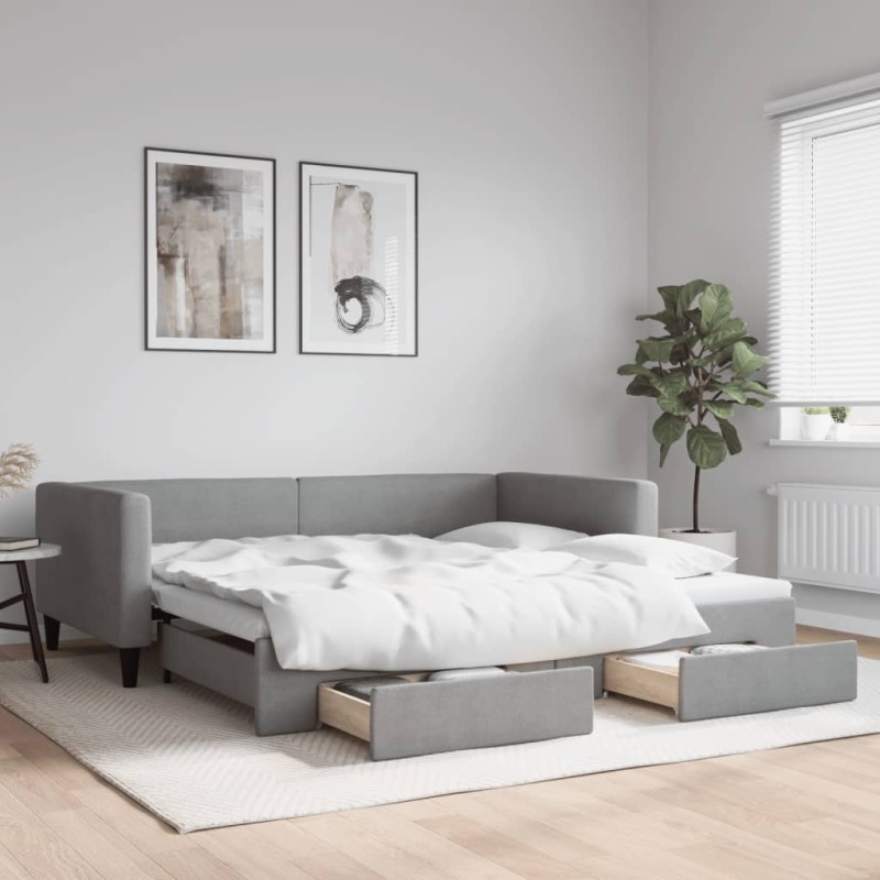 vidaXL Tagesbett Ausziehbar mit Schubladen Hellgrau 100x200 cm Stoff vidaXL Tagesbett Ausziehbar mit Schubladen Hellgrau 100x200 cm Stoff