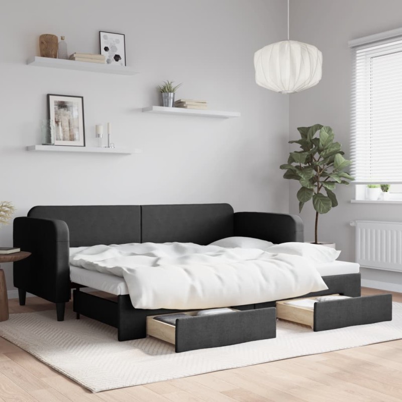 vidaXL Tagesbett Ausziehbar mit Schubladen Schwarz 80x200 cm Stoff vidaXL Tagesbett Ausziehbar mit Schubladen Schwarz 80x200 cm Stoff