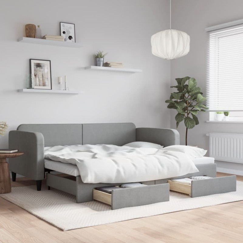 vidaXL Tagesbett Ausziehbar mit Schubladen Hellgrau 90x200 cm Stoff vidaXL Tagesbett Ausziehbar mit Schubladen Hellgrau 90x200 cm Stoff