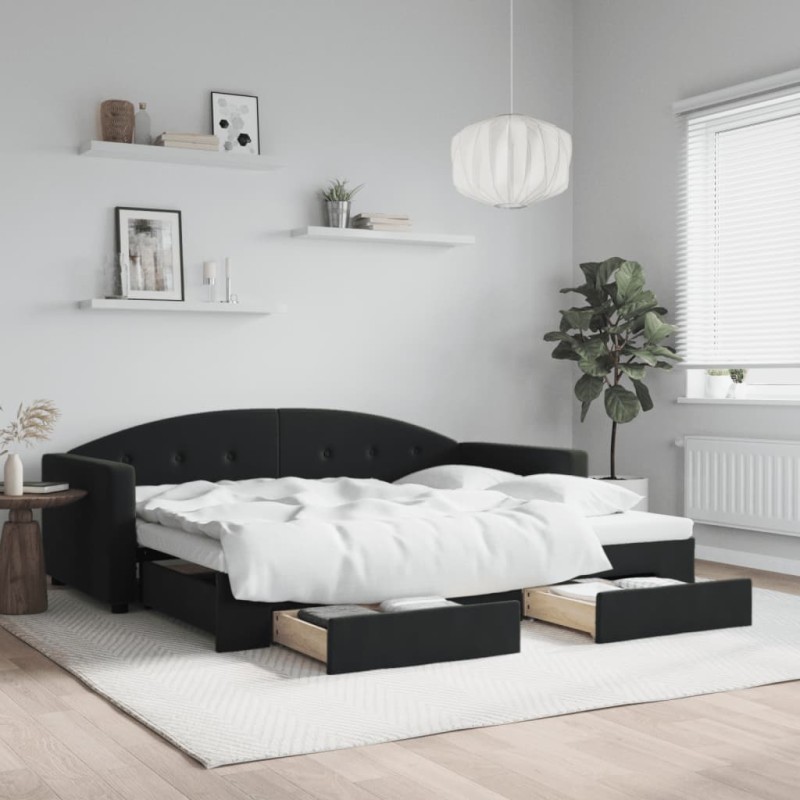 vidaXL Tagesbett Ausziehbar mit Schubladen Schwarz 90x190 cm Samt vidaXL Tagesbett Ausziehbar mit Schubladen Schwarz 90x190 cm Samt