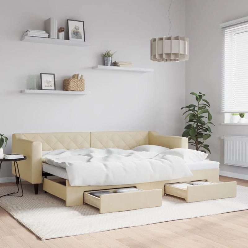 vidaXL Tagesbett Ausziehbar mit Schubladen Creme 80x200 cm Stoff vidaXL Tagesbett Ausziehbar mit Schubladen Creme 80x200 cm Stoff