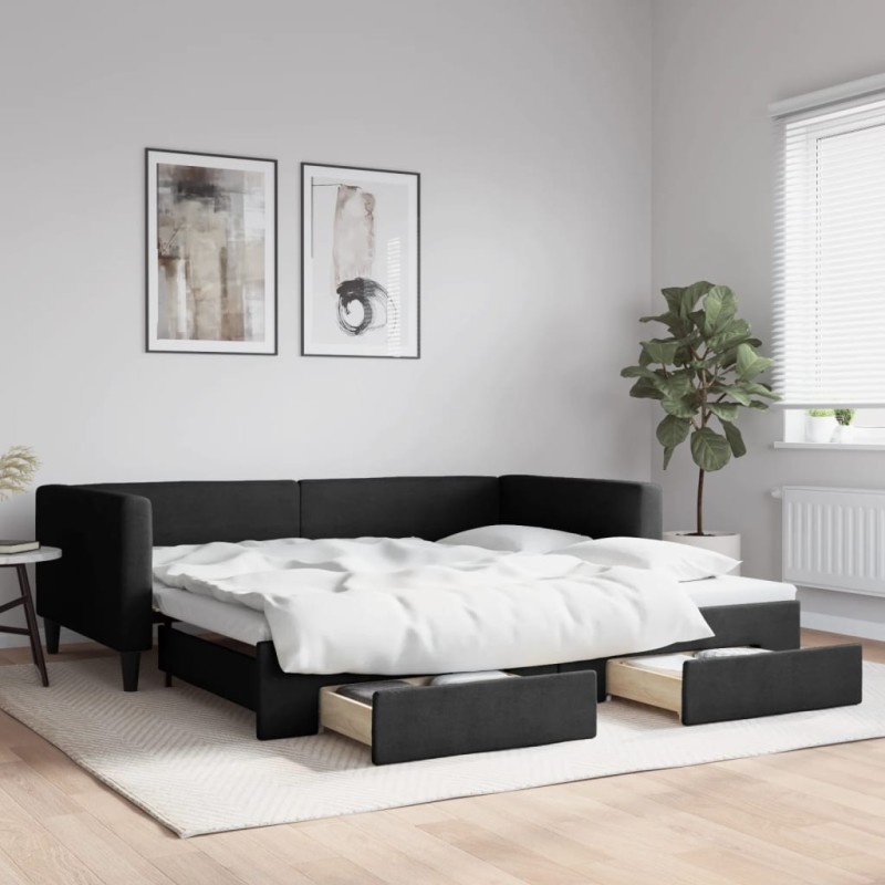 vidaXL Tagesbett Ausziehbar mit Schubladen Schwarz 100x200 cm Stoff vidaXL Tagesbett Ausziehbar mit Schubladen Schwarz 100x200 cm Stoff