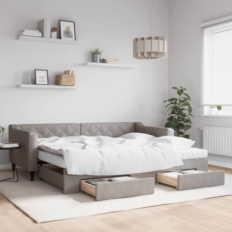 vidaXL Tagesbett Ausziehbar mit Schubladen Taupe 90x200 cm Stoff vidaXL Tagesbett Ausziehbar mit Schubladen Taupe 90x200 cm Stoff