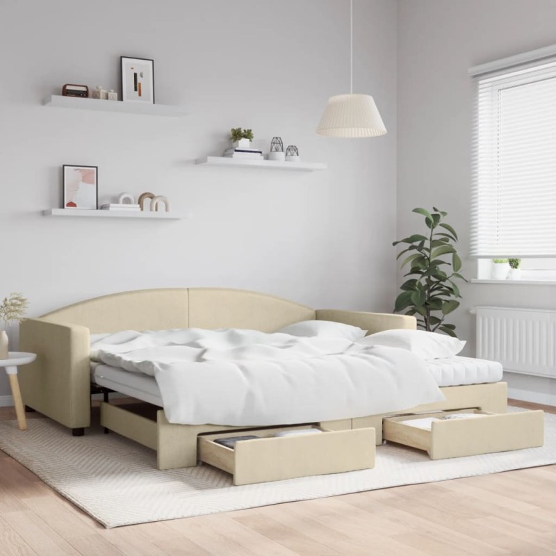 vidaXL Tagesbett Ausziehbar mit Schubladen Creme 100x200 cm Stoff vidaXL Tagesbett Ausziehbar mit Schubladen Creme 100x200 cm Stoff