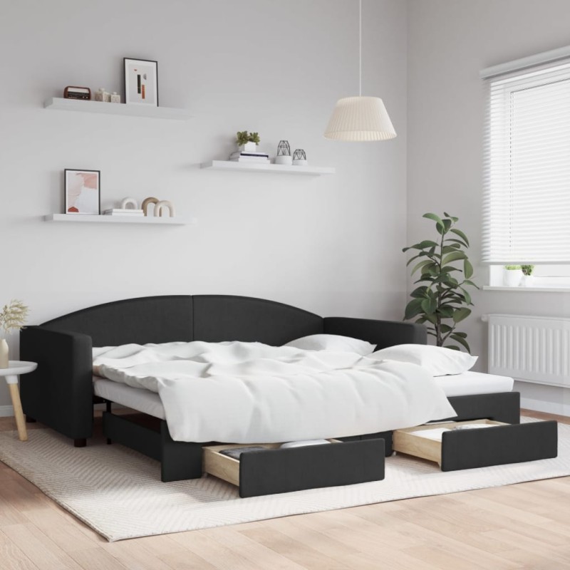vidaXL Tagesbett Ausziehbar mit Schubladen Schwarz 100x200 cm Stoff vidaXL Tagesbett Ausziehbar mit Schubladen Schwarz 100x200 cm Stoff
