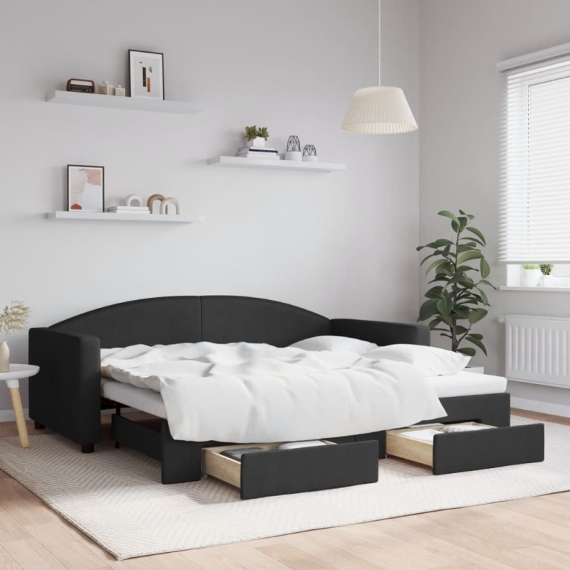 vidaXL Tagesbett Ausziehbar mit Schubladen Schwarz 90x190 cm Stoff vidaXL Tagesbett Ausziehbar mit Schubladen Schwarz 90x190 cm Stoff