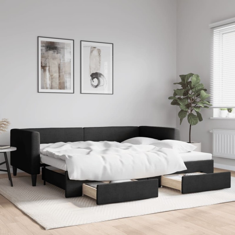 vidaXL Tagesbett Ausziehbar mit Schubladen Schwarz 90x190 cm Stoff vidaXL Tagesbett Ausziehbar mit Schubladen Schwarz 90x190 cm Stoff