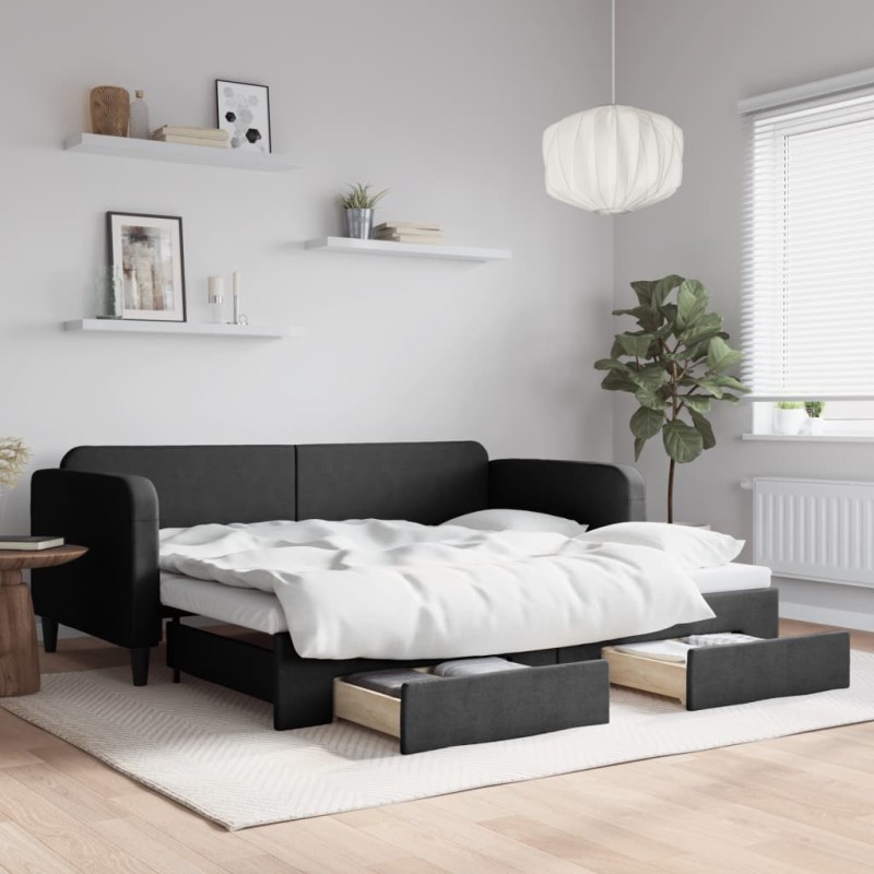 vidaXL Tagesbett Ausziehbar mit Schubladen Schwarz 90x200 cm Stoff vidaXL Tagesbett Ausziehbar mit Schubladen Schwarz 90x200 cm Stoff