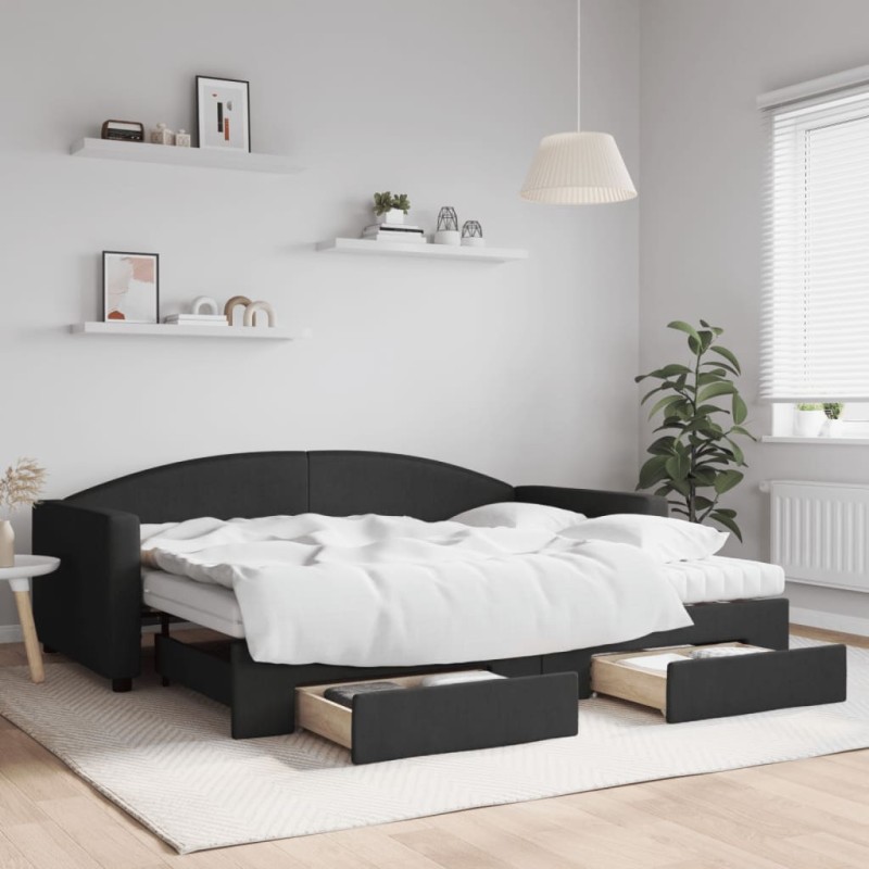vidaXL Tagesbett Ausziehbar mit Schubladen Schwarz 90x200 cm Stoff vidaXL Tagesbett Ausziehbar mit Schubladen Schwarz 90x200 cm Stoff