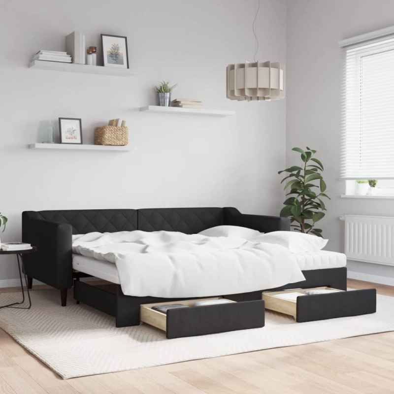 vidaXL Tagesbett Ausziehbar mit Schubladen Schwarz 90x190 cm Stoff vidaXL Tagesbett Ausziehbar mit Schubladen Schwarz 90x190 cm Stoff
