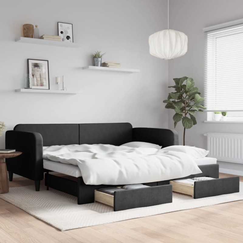 vidaXL Tagesbett Ausziehbar mit Schubladen Schwarz 100x200 cm Stoff vidaXL Tagesbett Ausziehbar mit Schubladen Schwarz 100x200 cm Stoff