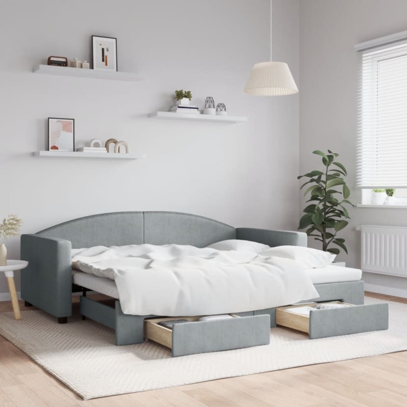 vidaXL Tagesbett Ausziehbar mit Schubladen Hellgrau 90x190 cm Stoff vidaXL Tagesbett Ausziehbar mit Schubladen Hellgrau 90x190 cm Stoff