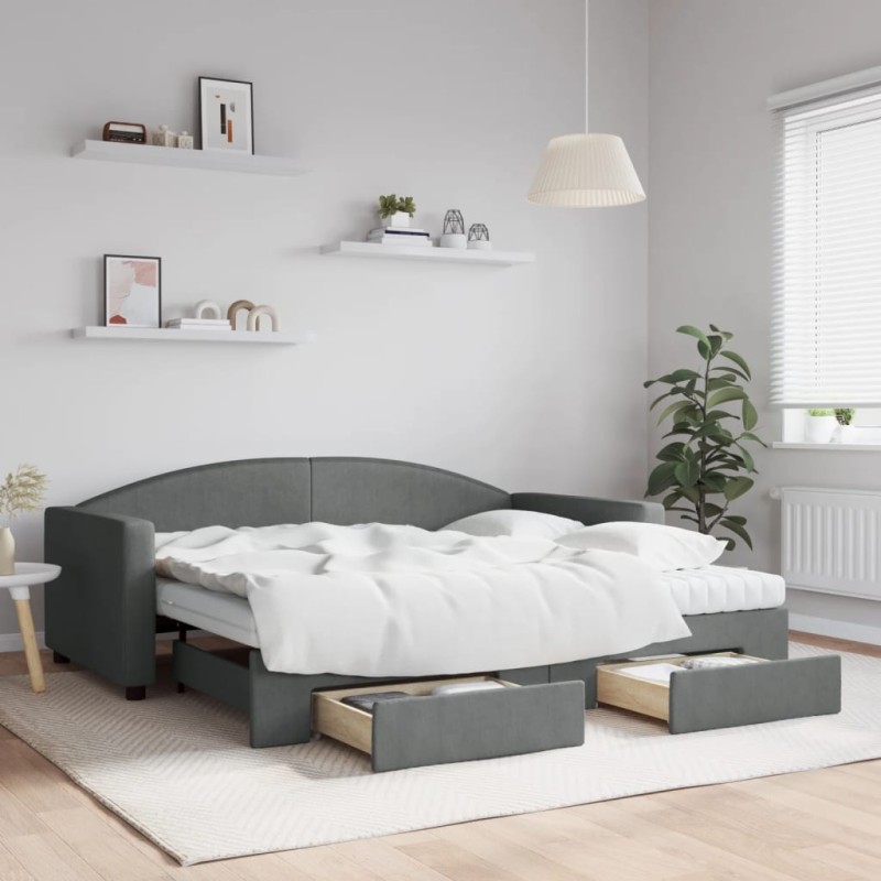 vidaXL Tagesbett Ausziehbar mit Schubladen Dunkelgrau 90x190 cm Stoff vidaXL Tagesbett Ausziehbar mit Schubladen Dunkelgrau 90x190 cm Stoff