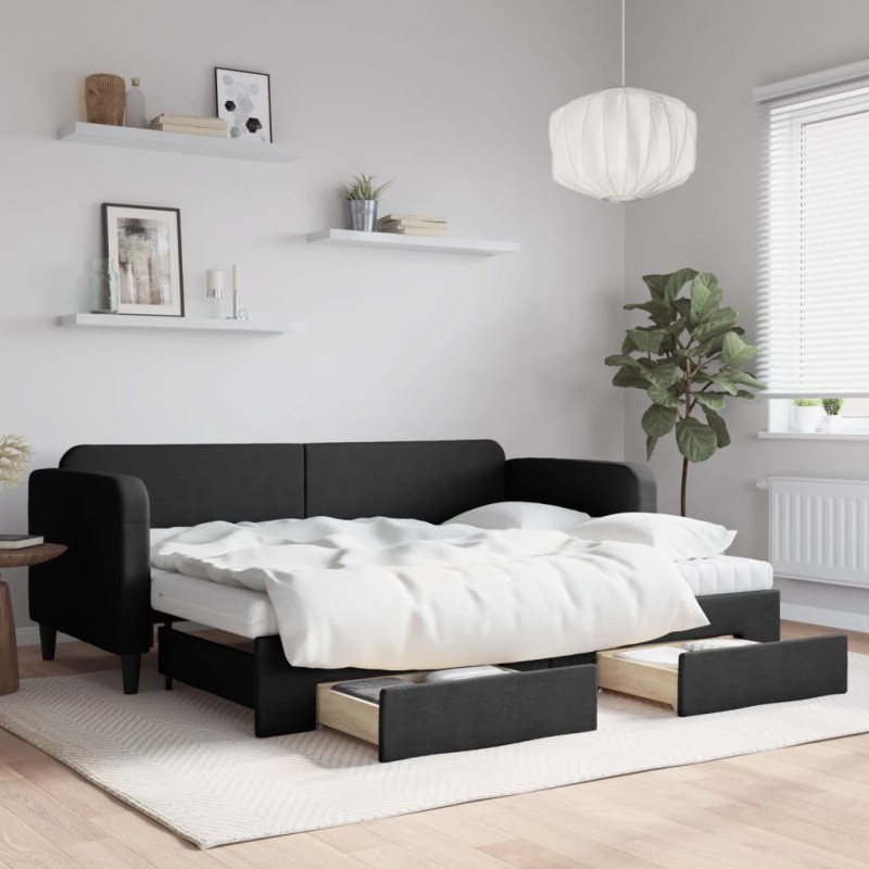vidaXL Tagesbett Ausziehbar mit Schubladen Schwarz 80x200 cm Stoff vidaXL Tagesbett Ausziehbar mit Schubladen Schwarz 80x200 cm Stoff