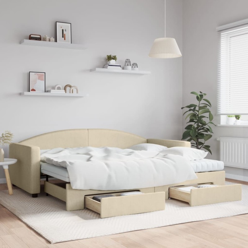 vidaXL Tagesbett Ausziehbar mit Schubladen Creme 90x200 cm Stoff vidaXL Tagesbett Ausziehbar mit Schubladen Creme 90x200 cm Stoff