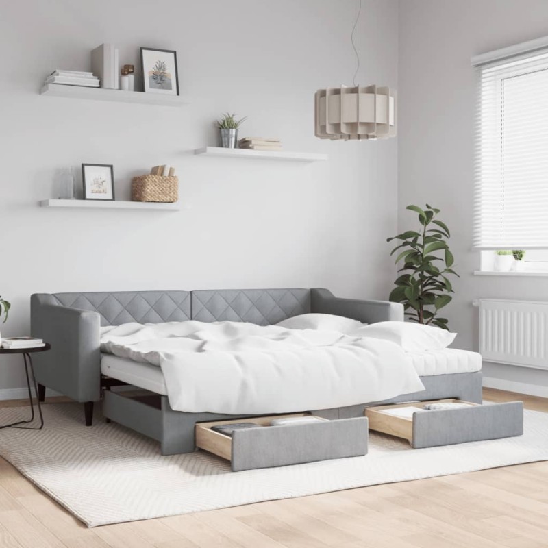 vidaXL Tagesbett Ausziehbar mit Schubladen Hellgrau 90x190 cm Stoff vidaXL Tagesbett Ausziehbar mit Schubladen Hellgrau 90x190 cm Stoff