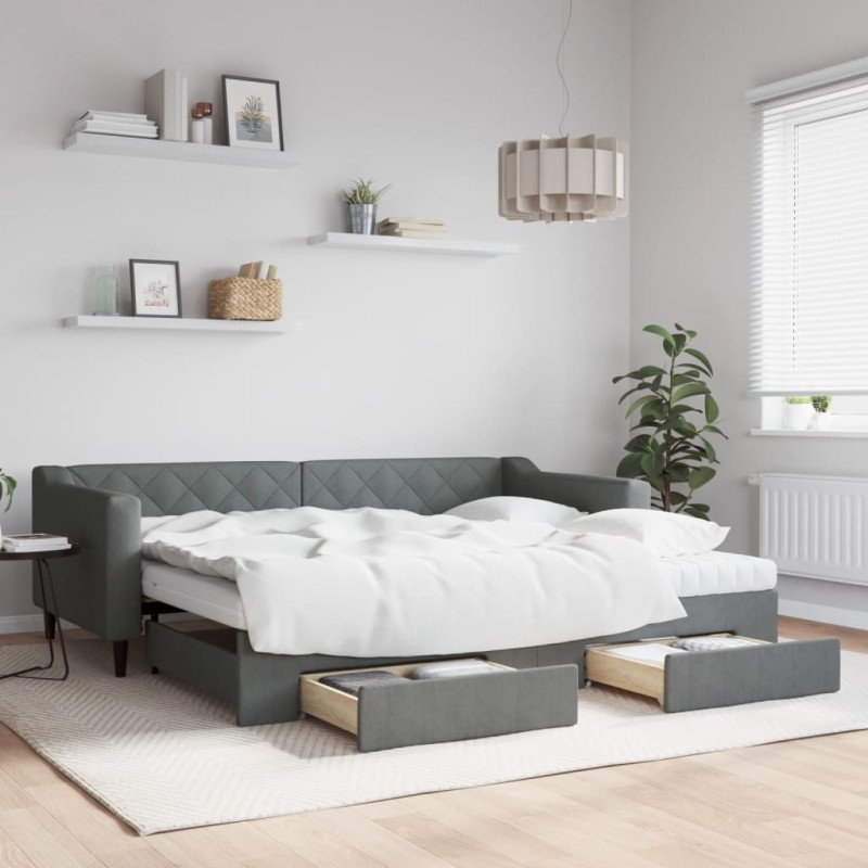 vidaXL Tagesbett Ausziehbar mit Schubladen Dunkelgrau 90x200 cm Stoff vidaXL Tagesbett Ausziehbar mit Schubladen Dunkelgrau 90x200 cm Stoff