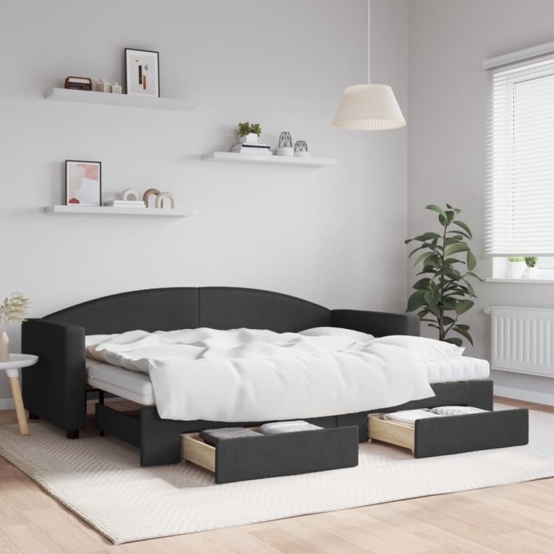 vidaXL Tagesbett Ausziehbar mit Schubladen Schwarz 80x200 cm Stoff vidaXL Tagesbett Ausziehbar mit Schubladen Schwarz 80x200 cm Stoff
