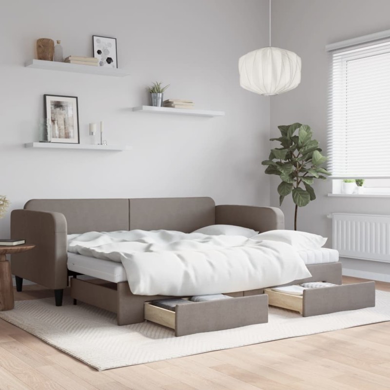 vidaXL Tagesbett Ausziehbar mit Schubladen Taupe 90x200 cm Stoff vidaXL Tagesbett Ausziehbar mit Schubladen Taupe 90x200 cm Stoff