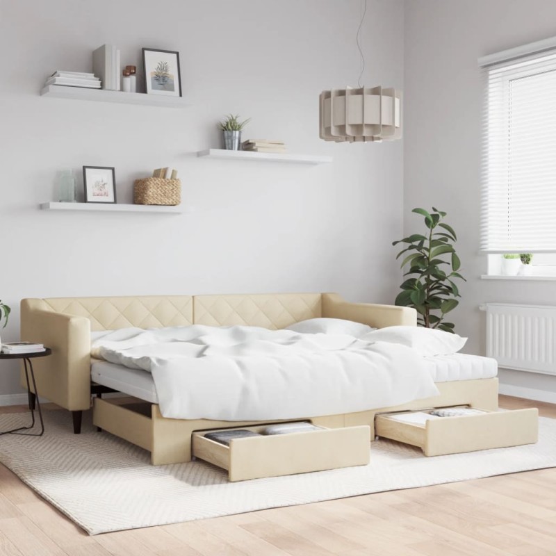 vidaXL Tagesbett Ausziehbar mit Schubladen Creme 90x200 cm Stoff vidaXL Tagesbett Ausziehbar mit Schubladen Creme 90x200 cm Stoff