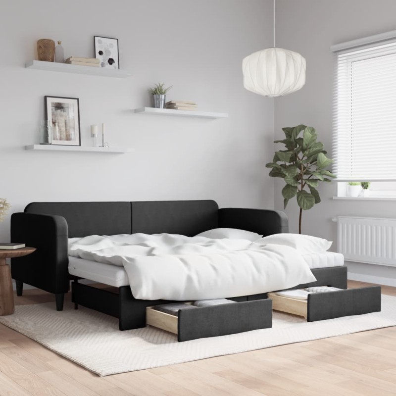 vidaXL Tagesbett Ausziehbar mit Schubladen Schwarz 90x190 cm Stoff vidaXL Tagesbett Ausziehbar mit Schubladen Schwarz 90x190 cm Stoff