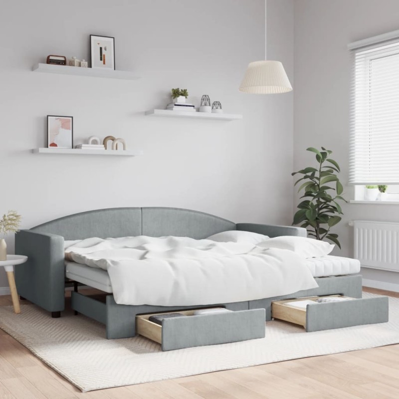 vidaXL Tagesbett Ausziehbar mit Schubladen Hellgrau 90x200 cm Stoff vidaXL Tagesbett Ausziehbar mit Schubladen Hellgrau 90x200 cm Stoff