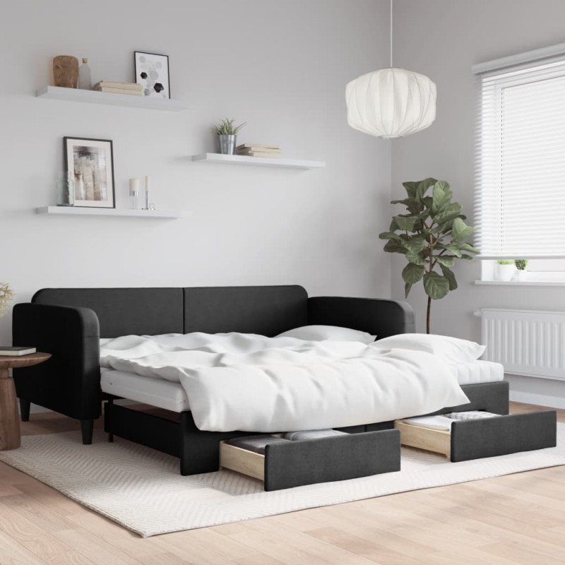 vidaXL Tagesbett Ausziehbar mit Schubladen Schwarz 100x200 cm Stoff vidaXL Tagesbett Ausziehbar mit Schubladen Schwarz 100x200 cm Stoff