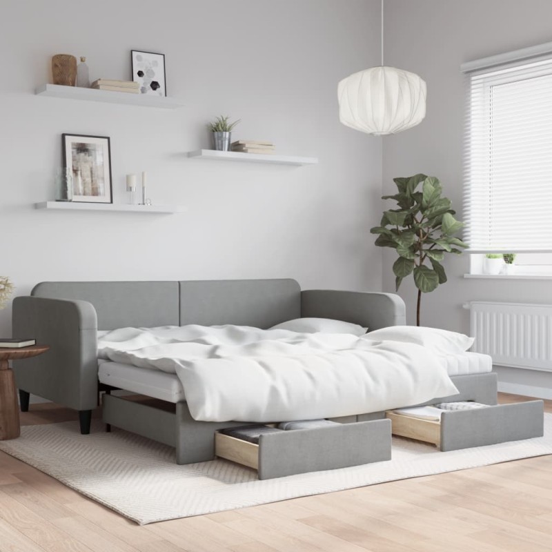 vidaXL Tagesbett Ausziehbar mit Schubladen Hellgrau 100x200 cm Stoff vidaXL Tagesbett Ausziehbar mit Schubladen Hellgrau 100x200 cm Stoff