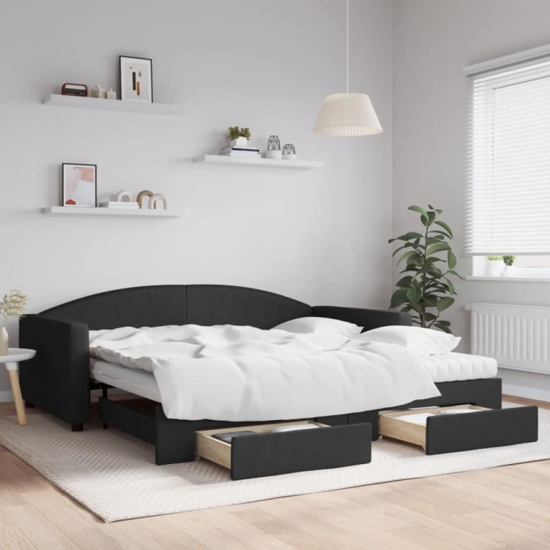 vidaXL Tagesbett Ausziehbar mit Schubladen Schwarz 100x200 cm Stoff vidaXL Tagesbett Ausziehbar mit Schubladen Schwarz 100x200 cm Stoff
