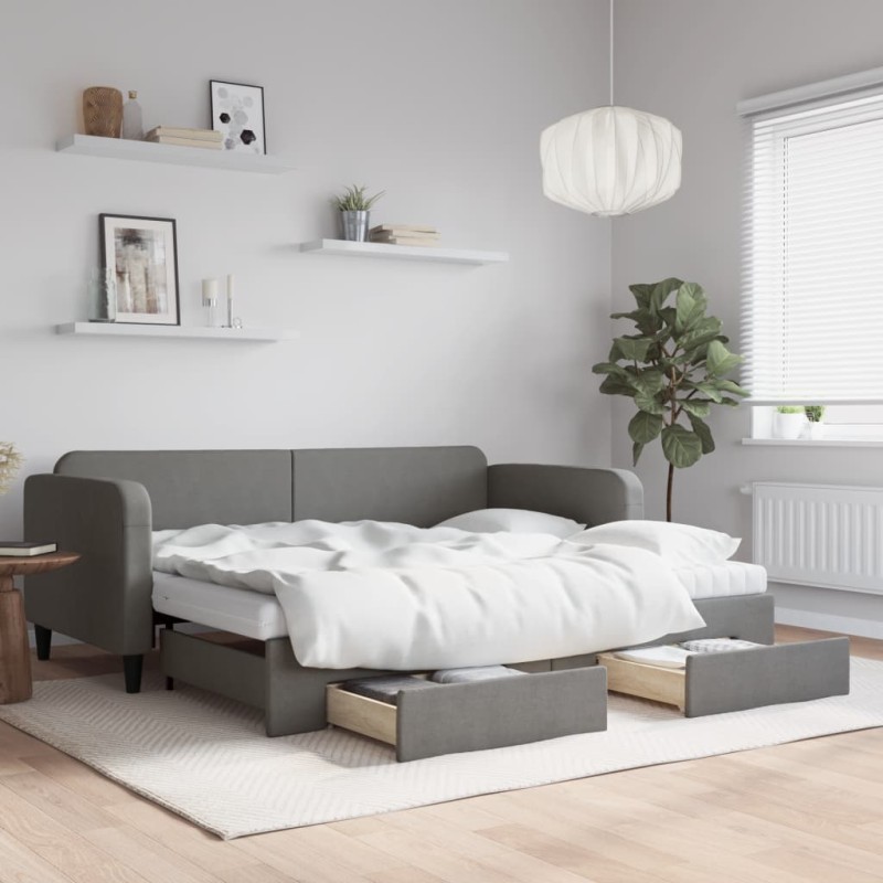 vidaXL Tagesbett Ausziehbar mit Schubladen Dunkelgrau 90x190 cm Stoff vidaXL Tagesbett Ausziehbar mit Schubladen Dunkelgrau 90x190 cm Stoff