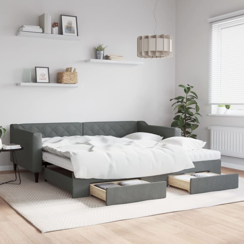 vidaXL Tagesbett Ausziehbar mit Schubladen Dunkelgrau 100x200 cm Stoff vidaXL Tagesbett Ausziehbar mit Schubladen Dunkelgrau 100x200 cm Stoff