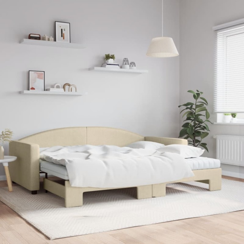 vidaXL Tagesbett Ausziehbar mit Matratzen Creme 90x200 cm Stoff vidaXL Tagesbett Ausziehbar mit Matratzen Creme 90x200 cm Stoff