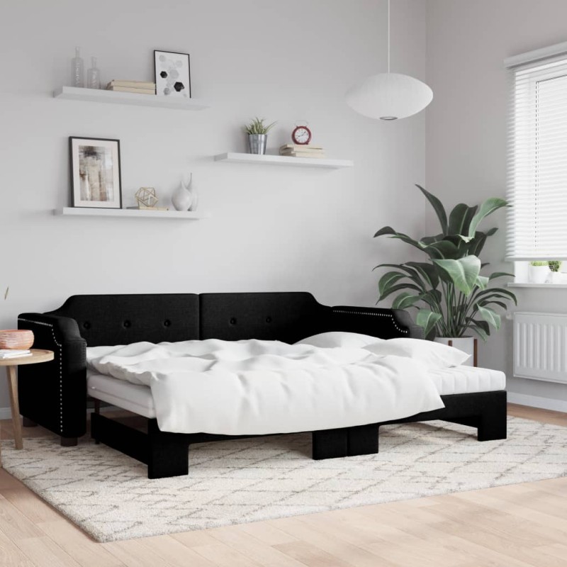 vidaXL Tagesbett Ausziehbar mit Matratzen Schwarz 100x200 cm Stoff vidaXL Tagesbett Ausziehbar mit Matratzen Schwarz 100x200 cm Stoff