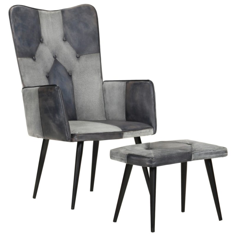 Sessel mit Hocker Grau Echtleder und Canvas Sessel mit Hocker Grau Echtleder und Canvas