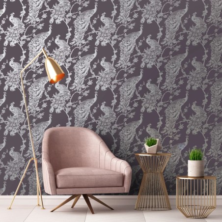 DUTCH WALLCOVERINGS Tapete Pfauen-Motiv Lila und Silbern