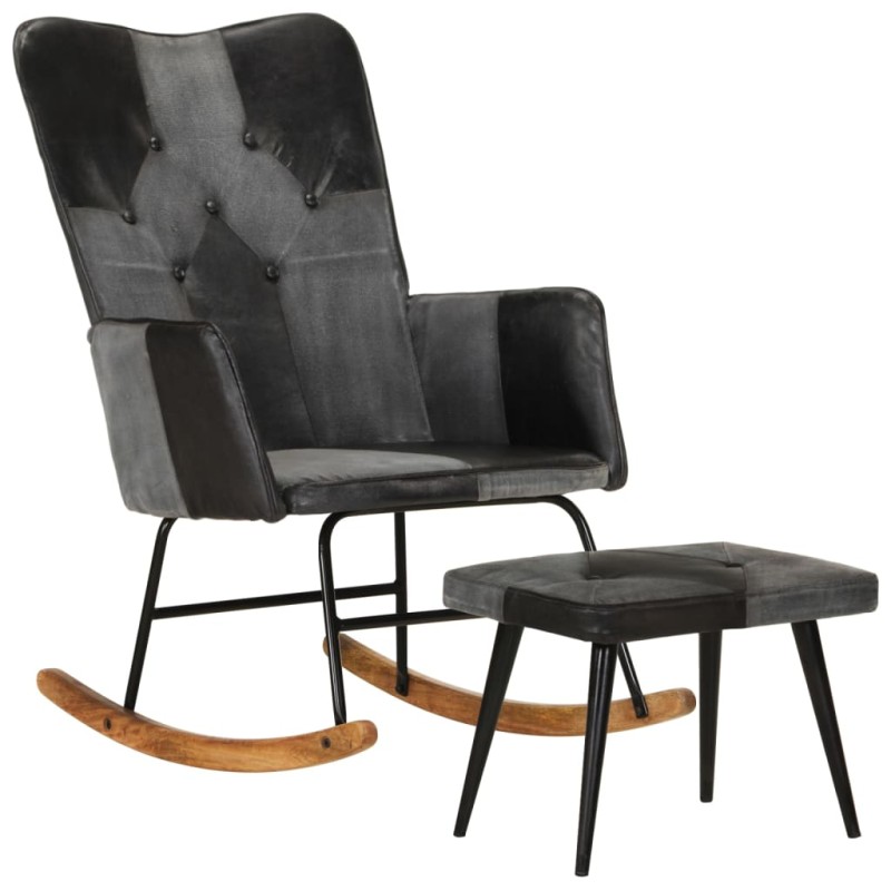 Schaukelstuhl mit Hocker Schwarz Echtleder und Canvas Schaukelstuhl mit Hocker Schwarz Echtleder und Canvas