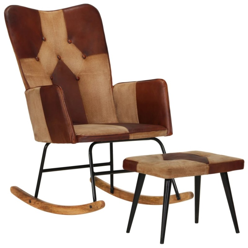vidaXL Schaukelstuhl mit Hocker Braun Echtleder und Canvas vidaXL Schaukelstuhl mit Hocker Braun Echtleder und Canvas