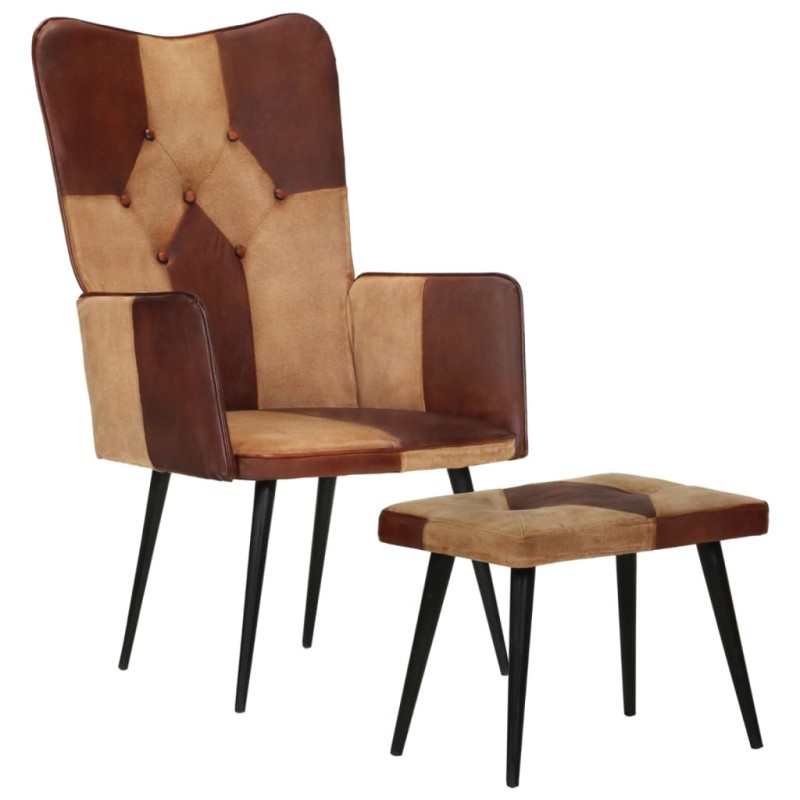 Sessel mit Hocker Braun Echtleder und Canvas Sessel mit Hocker Braun Echtleder und Canvas