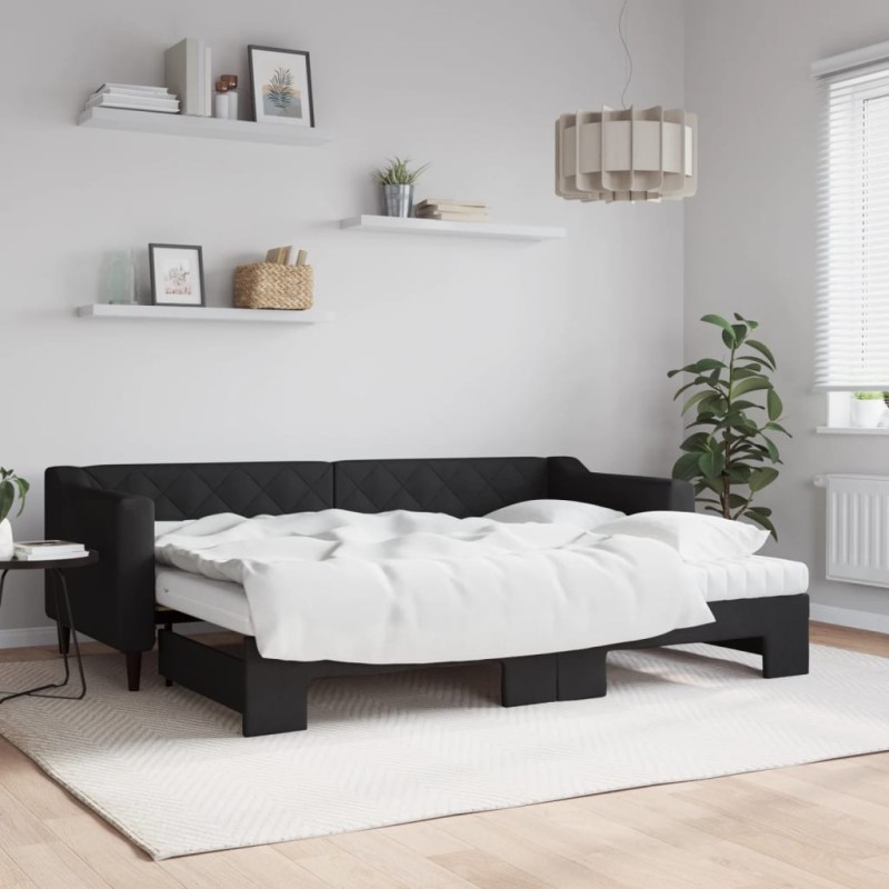 vidaXL Tagesbett Ausziehbar mit Matratzen Schwarz 80x200 cm Stoff vidaXL Tagesbett Ausziehbar mit Matratzen Schwarz 80x200 cm Stoff