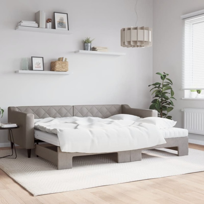vidaXL Tagesbett Ausziehbar mit Matratzen Taupe 90x200 cm Stoff vidaXL Tagesbett Ausziehbar mit Matratzen Taupe 90x200 cm Stoff