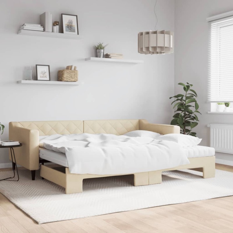 vidaXL Tagesbett Ausziehbar mit Matratzen Creme 90x200 cm Stoff vidaXL Tagesbett Ausziehbar mit Matratzen Creme 90x200 cm Stoff