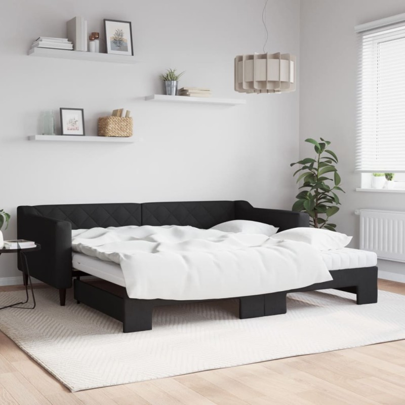 vidaXL Tagesbett Ausziehbar mit Matratzen Schwarz 100x200 cm Stoff vidaXL Tagesbett Ausziehbar mit Matratzen Schwarz 100x200 cm Stoff