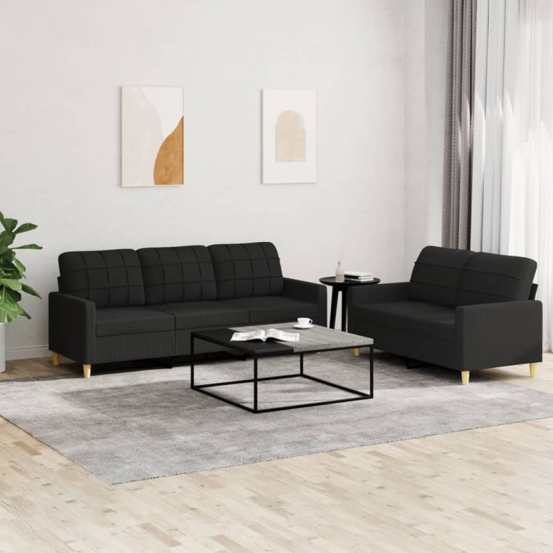 vidaXL 2-tlg. Sofagarnitur mit Kissen Schwarz Stoff vidaXL 2-tlg. Sofagarnitur mit Kissen Schwarz Stoff