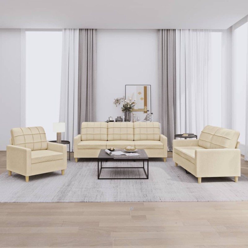 vidaXL 3-tlg. Sofagarnitur mit Kissen Creme Stoff vidaXL 3-tlg. Sofagarnitur mit Kissen Creme Stoff