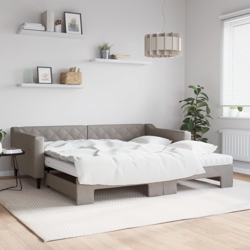vidaXL Tagesbett Ausziehbar mit Matratzen Taupe 100x200 cm Stoff vidaXL Tagesbett Ausziehbar mit Matratzen Taupe 100x200 cm Stoff