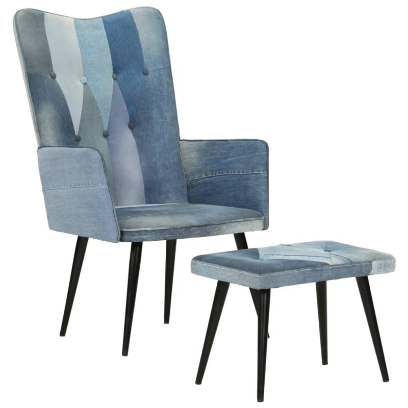 Sessel mit Hocker Blau Denim Patchwork Canvas Sessel mit Hocker Blau Denim Patchwork Canvas