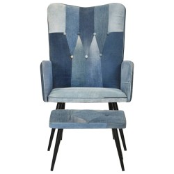 Sessel mit Hocker Blau Denim Patchwork Canvas